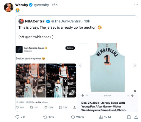 maillot victor wembanyama enchere city edition spurs jeune fan